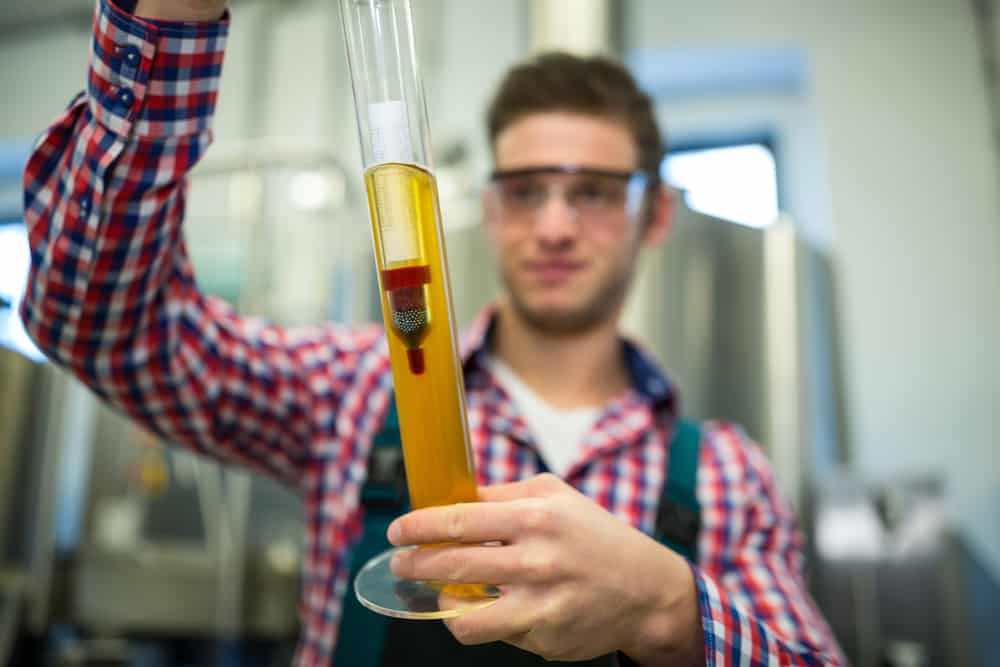 Man testing sample of beer with hydrometer in brewery