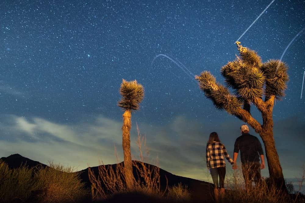 Couple holding hands while stargazing in Joshua Tree National Park